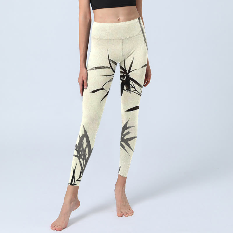 Leggings de sport imprimés feuilles de bambou et Buddha Stones Pantalons de yoga pour femmes - image 6