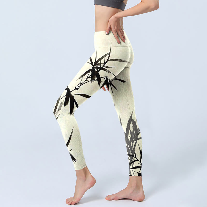 Leggings de sport imprimés feuilles de bambou et Buddha Stones Pantalons de yoga pour femmes - image 4