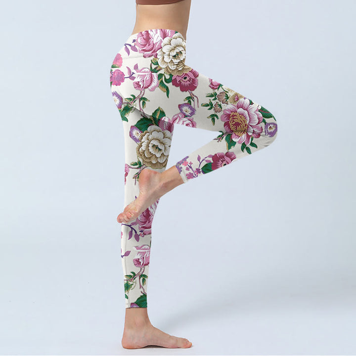 Leggings de sport à imprimé pivoine rouge et blanc Buddha Stones Pantalon de yoga pour femme - image 4