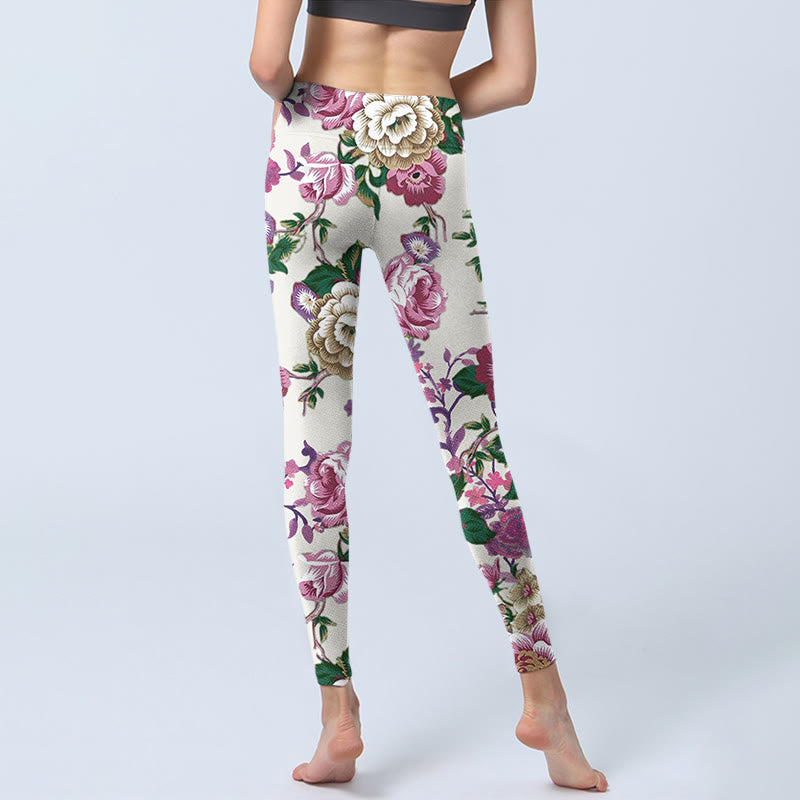 Leggings de sport à imprimé pivoine rouge et blanc Buddha Stones Pantalon de yoga pour femme - image 7