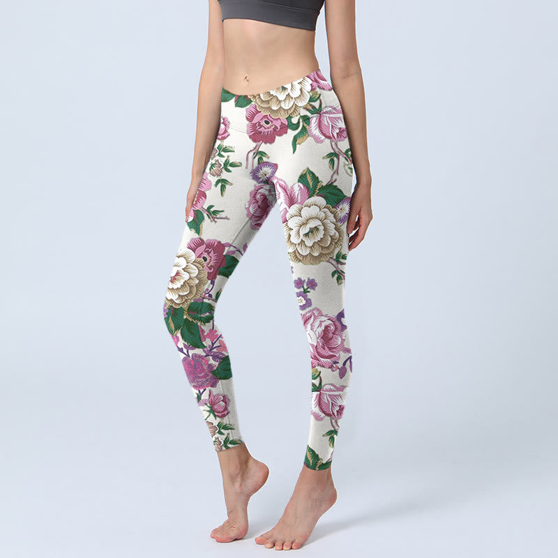 Leggings de sport à imprimé pivoine rouge et blanc Buddha Stones Pantalon de yoga pour femme - Coquillage - US18，UK/AU22，EU50 (4XL) - image 1
