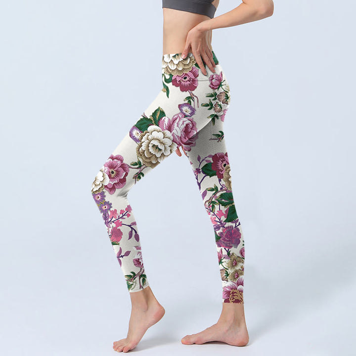 Leggings de sport à imprimé pivoine rouge et blanc Buddha Stones Pantalon de yoga pour femme - image 3