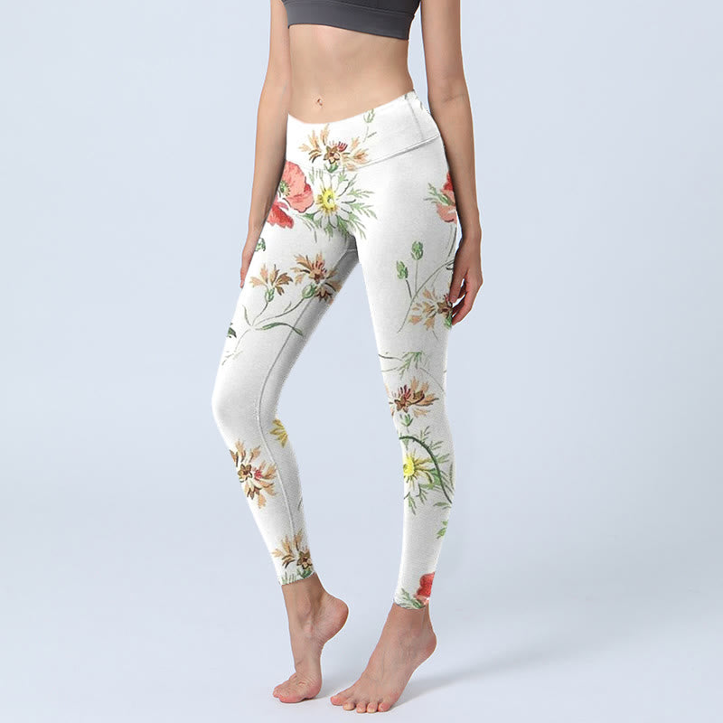 Pantalon de yoga pour femme avec imprimé marguerites blanches et fleurs rouges Buddha Stones - Ivoire - US18，UK/AU22，EU50 (4XL) - image 1