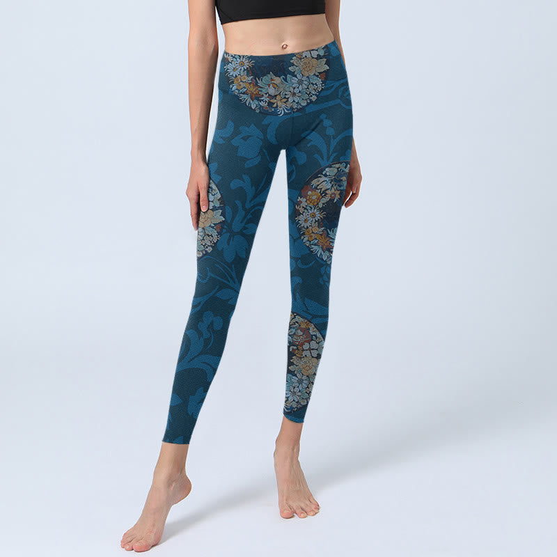 Leggings de sport à imprimé fleurs bleu foncé Buddha Stones Pantalon de yoga pour femme - image 5