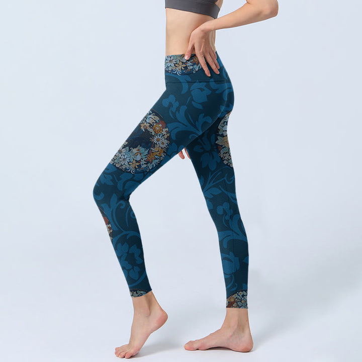 Leggings de sport à imprimé fleurs bleu foncé Buddha Stones Pantalon de yoga pour femme - image 3