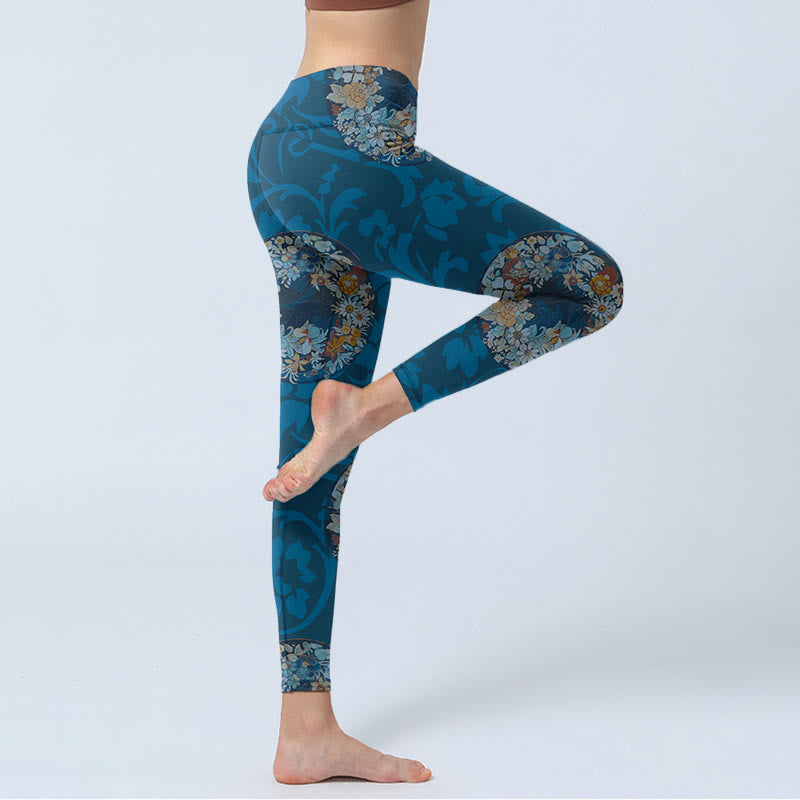Leggings de sport à imprimé fleurs bleu foncé Buddha Stones Pantalon de yoga pour femme - image 3