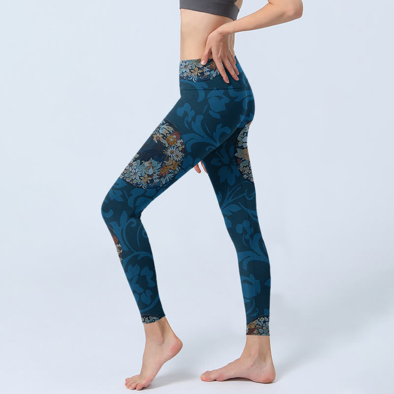 Leggings de sport à imprimé fleurs bleu foncé Buddha Stones Pantalon de yoga pour femme - image 2