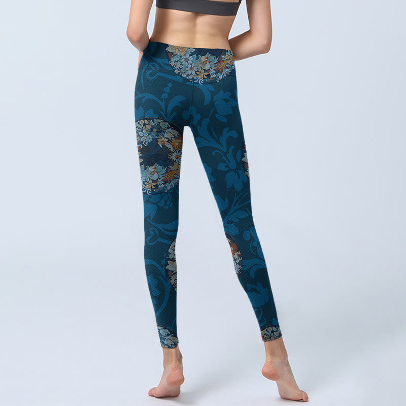 Leggings de sport à imprimé fleurs bleu foncé Buddha Stones Pantalon de yoga pour femme - image 7