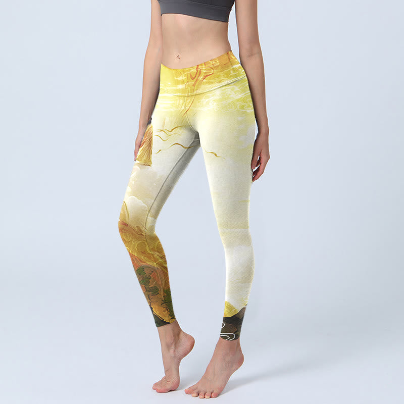 Pantalon de yoga pour femme avec imprimé Buddha Stones Golden Auspicious Cloud Figure Leggings de fitness - Verge d'or claireJaune - US18，UK/AU22，EU50 (4XL) - image 1