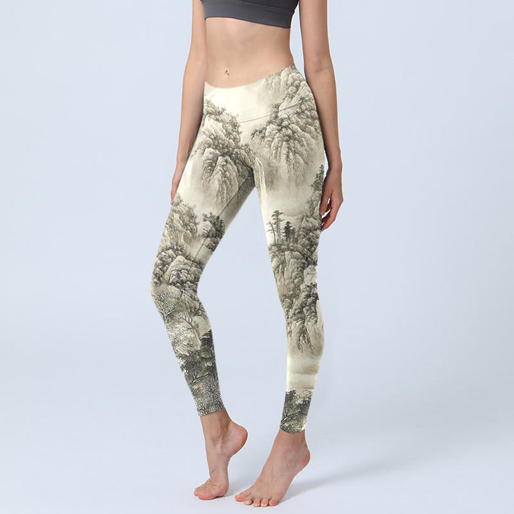 Leggings de sport imprimés Buddha Stones Mountain Tree River Scenery Pantalons de yoga pour femmes - Beige - US18，UK/AU22，EU50 (4XL) - image 0