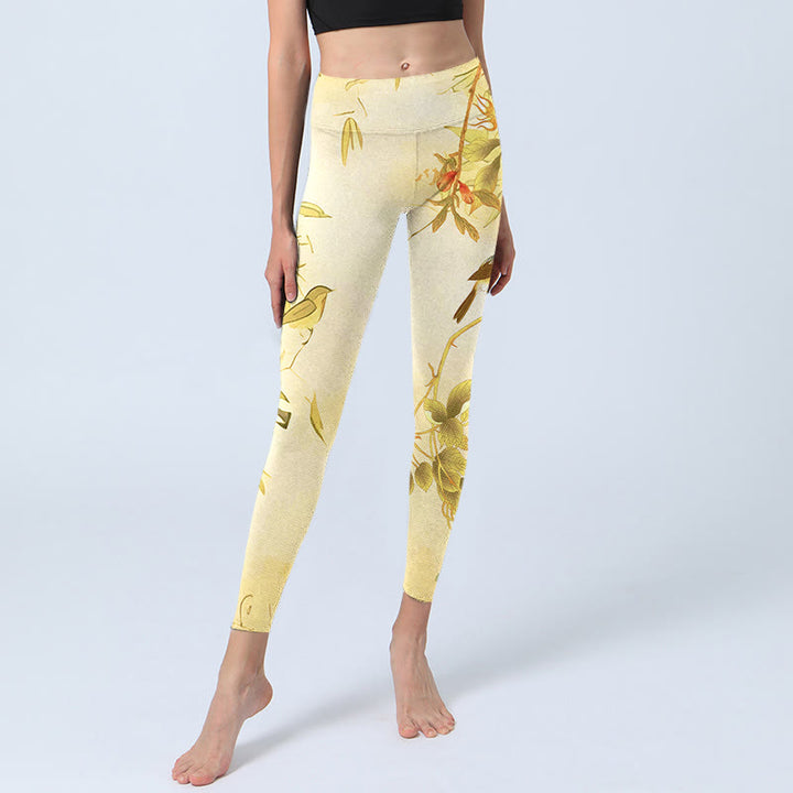 Leggings de sport à imprimé pivoines jaune clair Buddha Stones Pantalon de yoga pour femme - image 5
