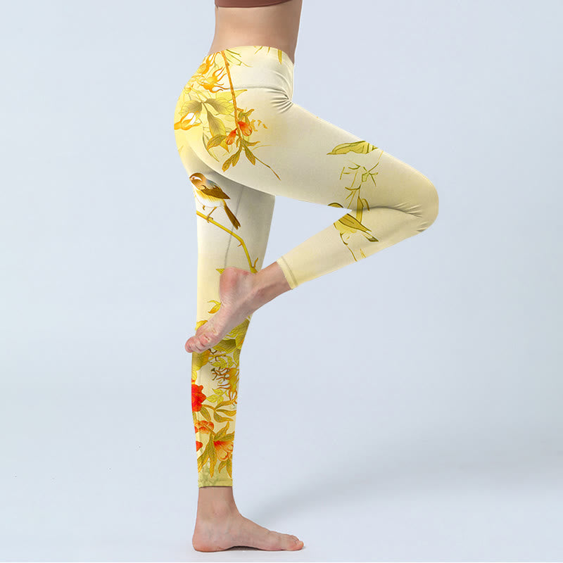 Leggings de sport à imprimé pivoines jaune clair Buddha Stones Pantalon de yoga pour femme - image 3
