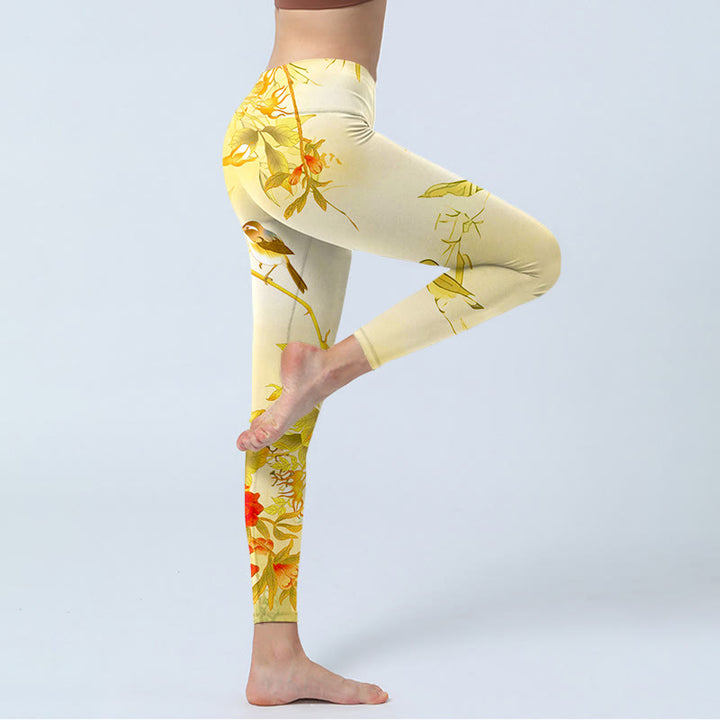 Leggings de sport à imprimé pivoines jaune clair Buddha Stones Pantalon de yoga pour femme - image 3
