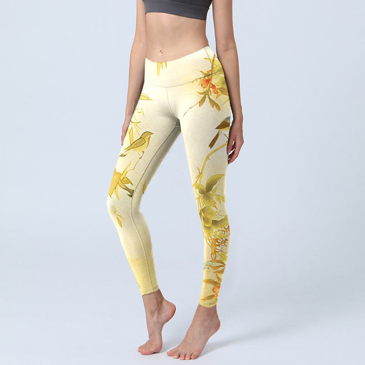 Leggings de sport à imprimé pivoines jaune clair Buddha Stones Pantalon de yoga pour femme - Jaune clair - US18，UK/AU22，EU50 (4XL) - image 0