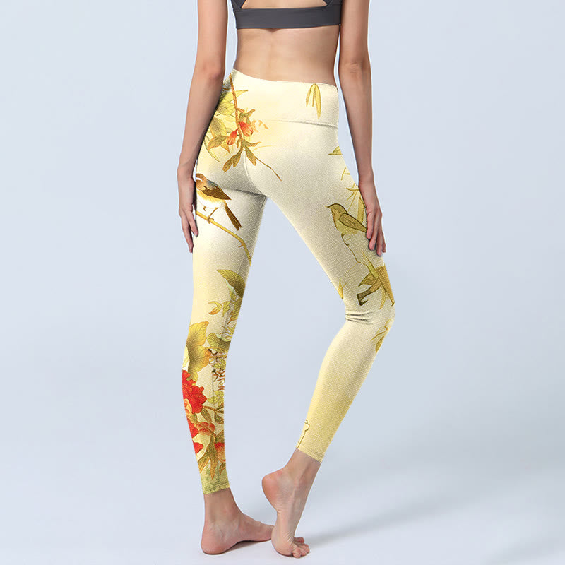 Leggings de sport à imprimé pivoines jaune clair Buddha Stones Pantalon de yoga pour femme - image 4