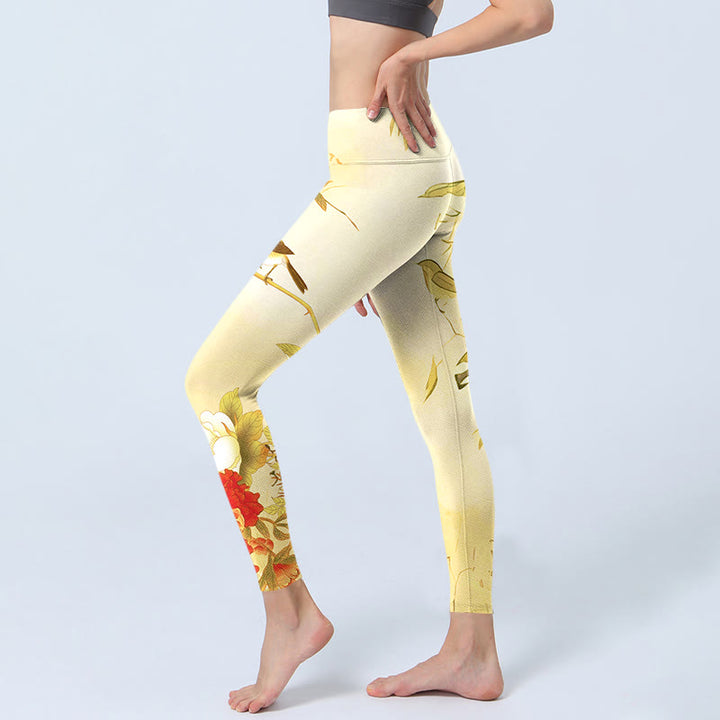 Leggings de sport à imprimé pivoines jaune clair Buddha Stones Pantalon de yoga pour femme - image 3