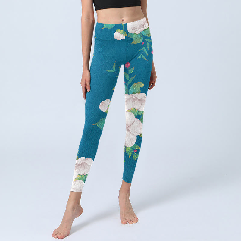 Leggings de sport à imprimé fleurs et feuilles bleu et blanc Buddha Stones Pantalon de yoga pour femme - image 6