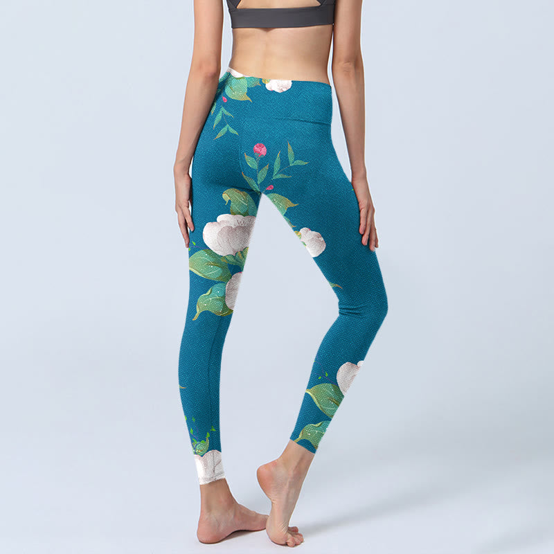Leggings de sport à imprimé fleurs et feuilles bleu et blanc Buddha Stones Pantalon de yoga pour femme - image 5