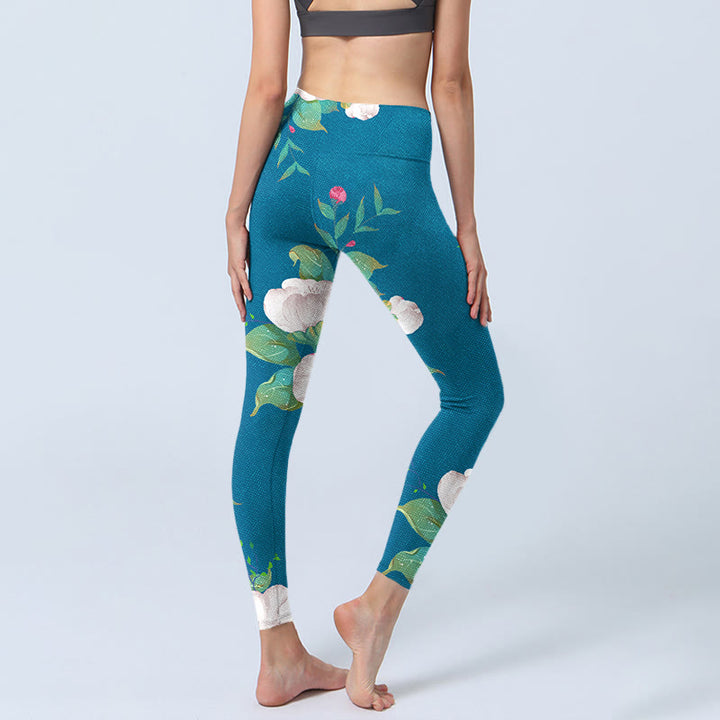 Leggings de sport à imprimé fleurs et feuilles bleu et blanc Buddha Stones Pantalon de yoga pour femme - image 5