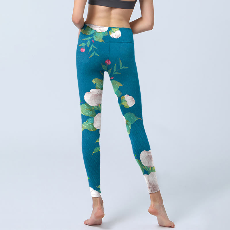 Leggings de sport à imprimé fleurs et feuilles bleu et blanc Buddha Stones Pantalon de yoga pour femme - image 7