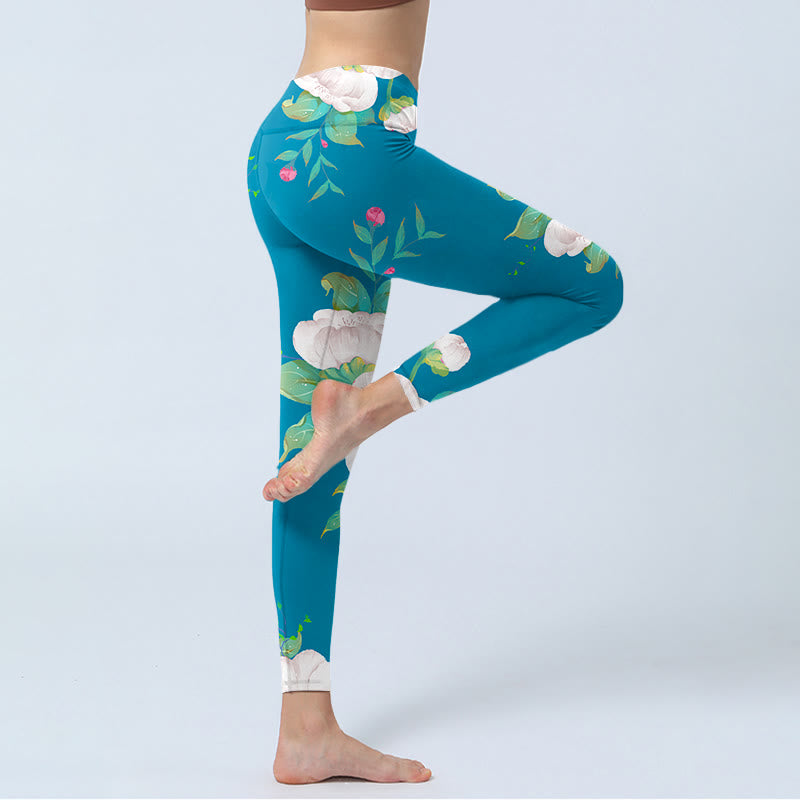 Leggings de sport à imprimé fleurs et feuilles bleu et blanc Buddha Stones Pantalon de yoga pour femme - image 4
