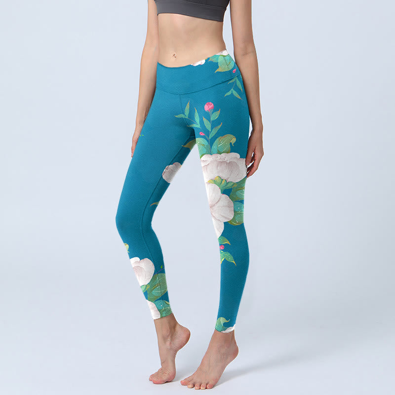 Leggings de sport à imprimé fleurs et feuilles bleu et blanc Buddha Stones Pantalon de yoga pour femme - Bleu ciel profond - US18，UK/AU22，EU50 (4XL) - image 1