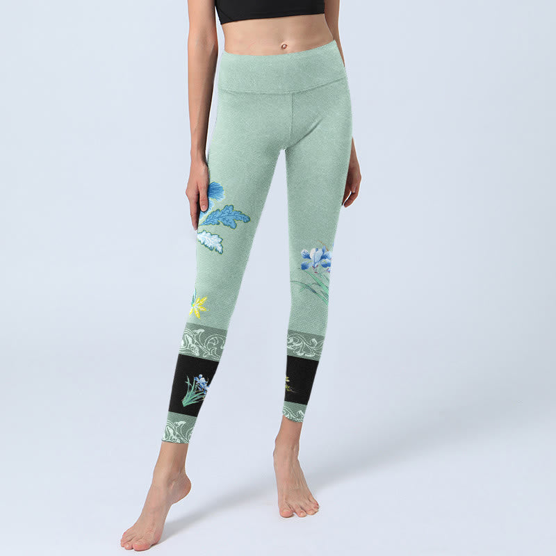 Leggings de sport à imprimé papillon et pivoine vert menthe et bleu Buddha Stones Pantalon de yoga pour femme - image 6