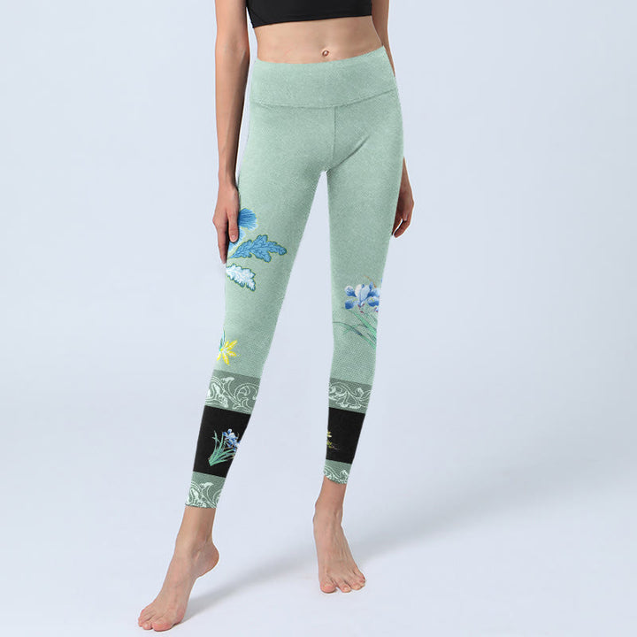 Leggings de sport à imprimé papillon et pivoine vert menthe et bleu Buddha Stones Pantalon de yoga pour femme - image 6