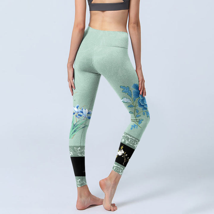Leggings de sport à imprimé papillon et pivoine vert menthe et bleu Buddha Stones Pantalon de yoga pour femme - image 5