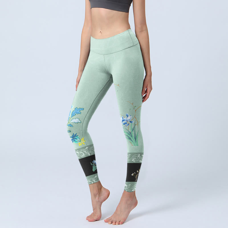 Leggings de sport à imprimé papillon et pivoine vert menthe et bleu Buddha Stones Pantalon de yoga pour femme - miellat - US18，UK/AU22，EU50 (4XL) - image 1