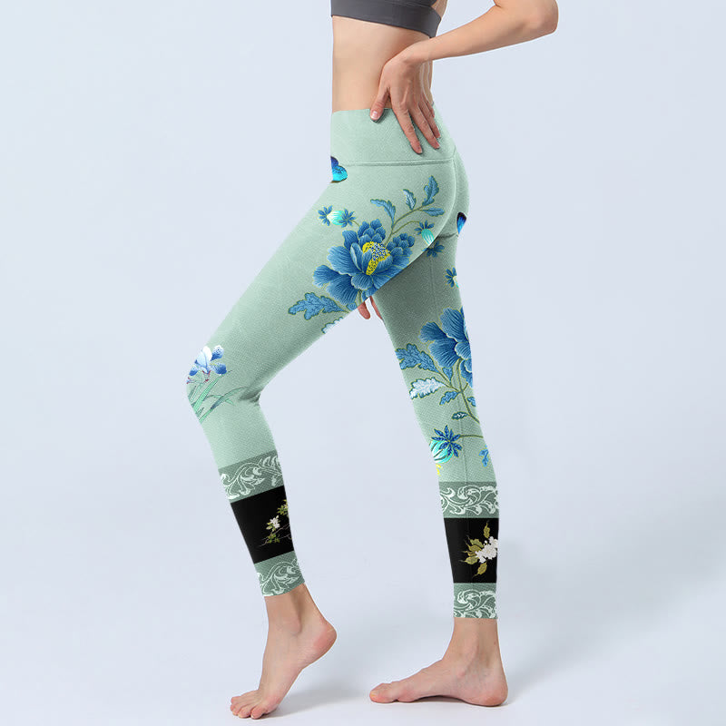 Leggings de sport à imprimé papillon et pivoine vert menthe et bleu Buddha Stones Pantalon de yoga pour femme - image 3