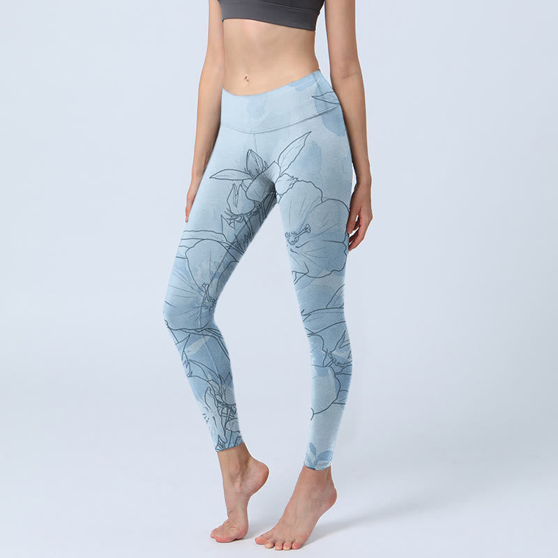 Leggings de sport à imprimé floral bleu Buddha Stones Pantalon de yoga pour femme - Bleu clair - US18，UK/AU22，EU50 (4XL) - image 1