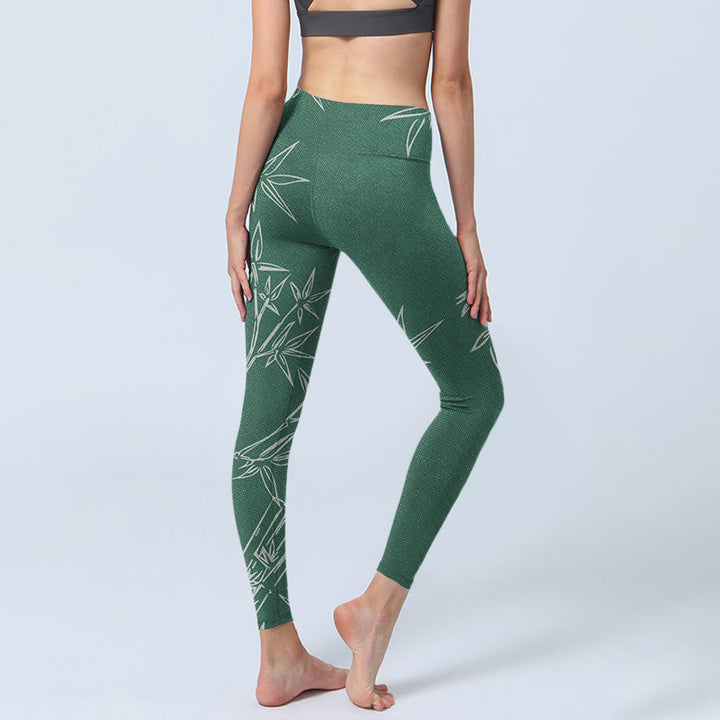 Leggings de sport à imprimé feuilles de bambou vertes et blanches Buddha Stones Pantalon de yoga pour femme - image 5
