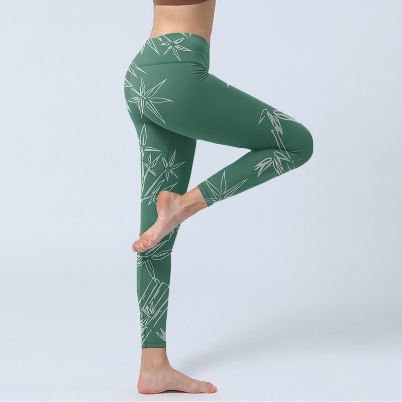 Leggings de sport à imprimé feuilles de bambou vertes et blanches Buddha Stones Pantalon de yoga pour femme - image 4