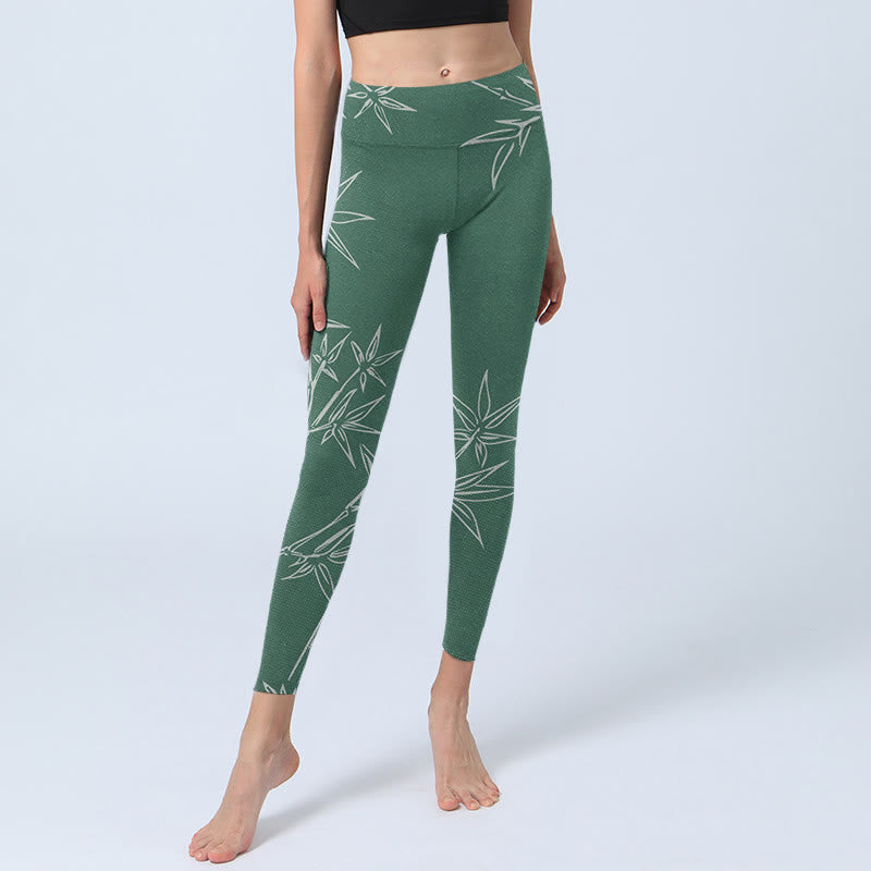 Leggings de sport à imprimé feuilles de bambou vertes et blanches Buddha Stones Pantalon de yoga pour femme - image 6