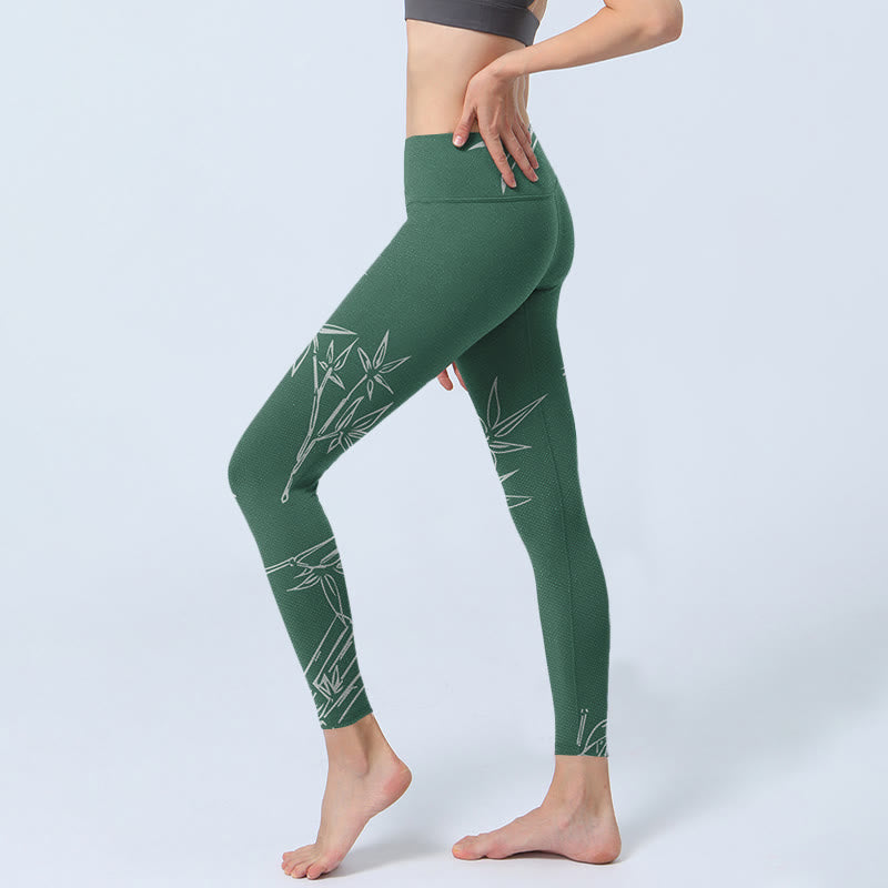 Leggings de sport à imprimé feuilles de bambou vertes et blanches Buddha Stones Pantalon de yoga pour femme - image 3