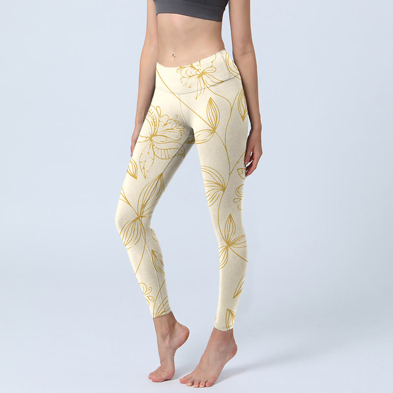 Pantalon de yoga pour femme avec legging de sport à imprimé vigne et fleurs beiges Buddha Stones - Beige - US18，UK/AU22，EU50 (4XL) - image 1