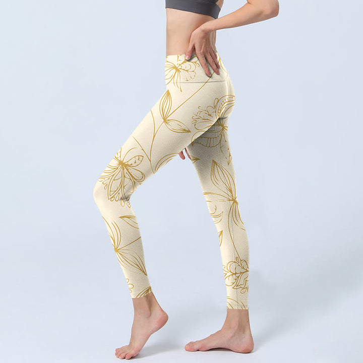 Pantalon de yoga pour femme avec legging de sport à imprimé vigne et fleurs beiges Buddha Stones - image 3