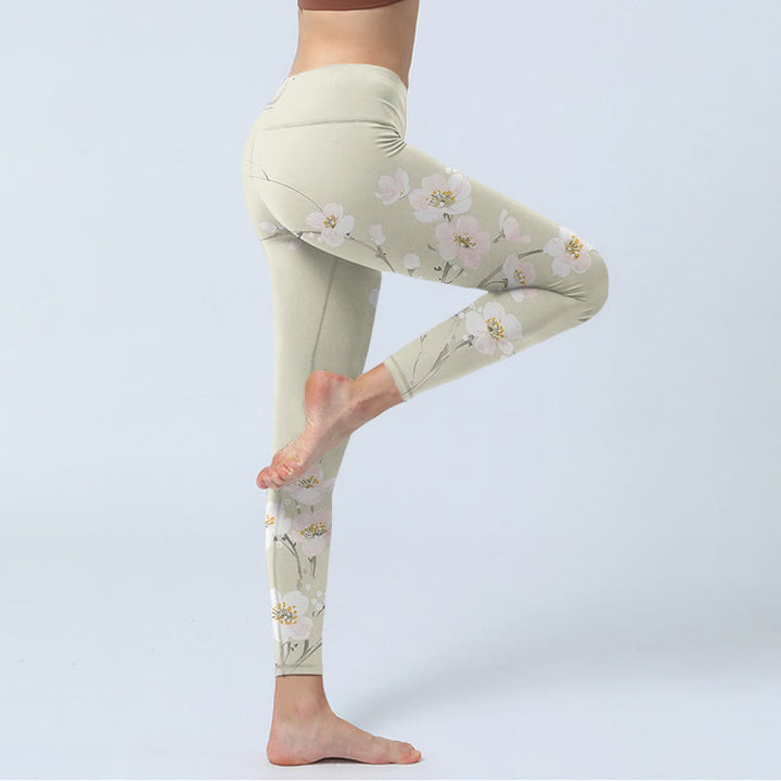 Pantalon de yoga pour femme avec legging de sport beige à imprimé fleurs de prunier Buddha Stones - image 4