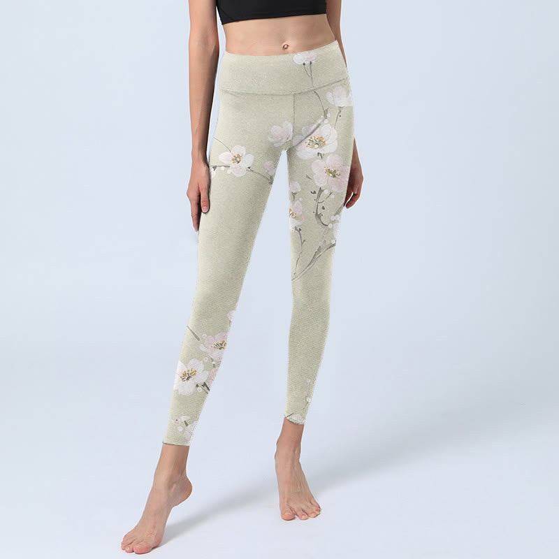 Pantalon de yoga pour femme avec legging de sport beige à imprimé fleurs de prunier Buddha Stones - image 6
