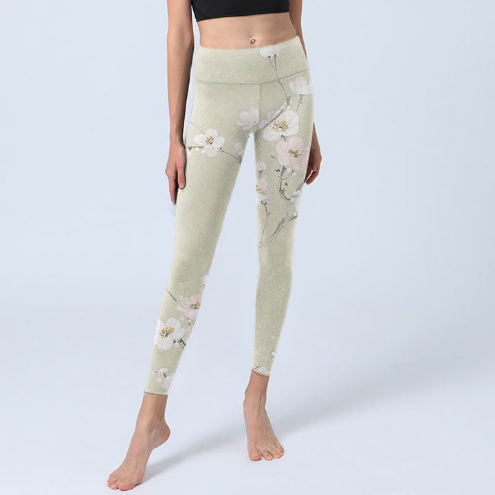 Pantalon de yoga pour femme avec legging de sport beige à imprimé fleurs de prunier Buddha Stones - image 6