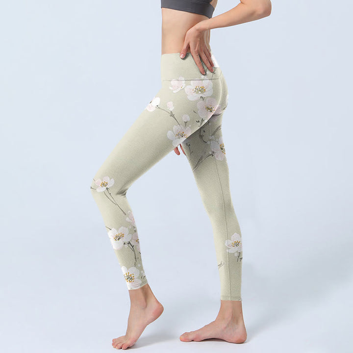 Pantalon de yoga pour femme avec legging de sport beige à imprimé fleurs de prunier Buddha Stones - image 3