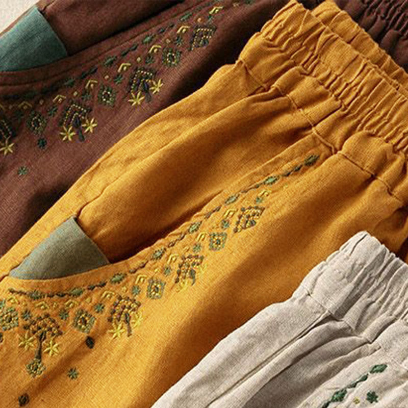 Pantalon sarouel capri taille élastique avec broderies vintage Buddha Stones et poches - image 1