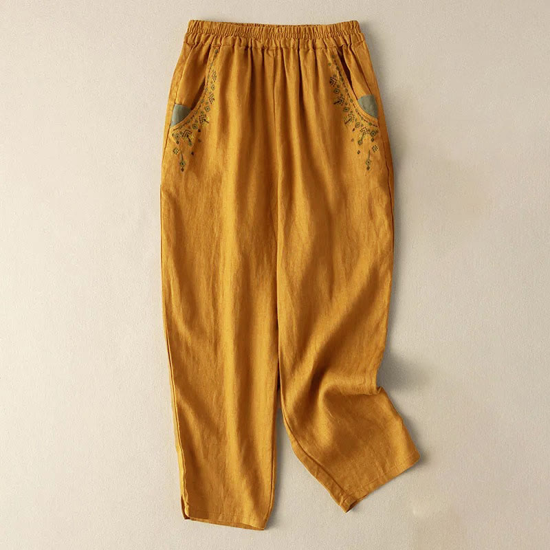 Pantalon sarouel capri taille élastique avec broderies vintage Buddha Stones et poches - Jaune - US14，UK/AU18，EU46 (4XL) - image 0