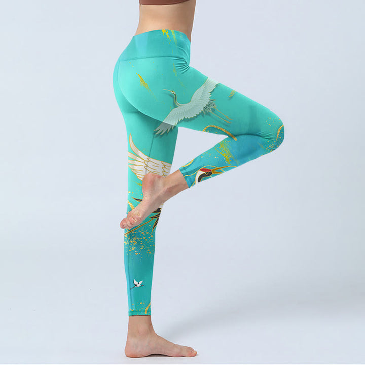 Leggings de fitness en tissu lycra imprimé grue de montagne vert menthe Buddha Stones Pantalon de yoga pour femme - image 4