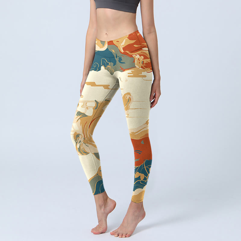 Leggings de fitness en tissu lycra imprimé Buddha Stones et nuages ​​colorés Pantalon de yoga pour femme - Mocassin - US18，UK/AU22，EU50 (4XL) - image 1