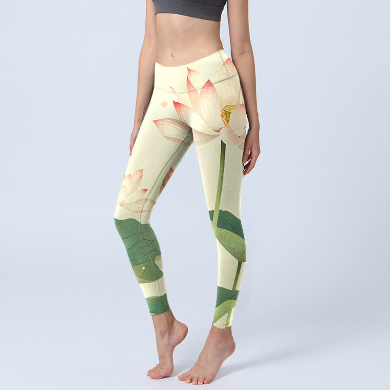 Leggings de fitness en tissu lycra imprimé Buddha Stones Lotus Flower Leaf Libellule Pantalon de yoga pour femme - Blanc antique - US18，UK/AU22，EU50 (4XL) - image 0