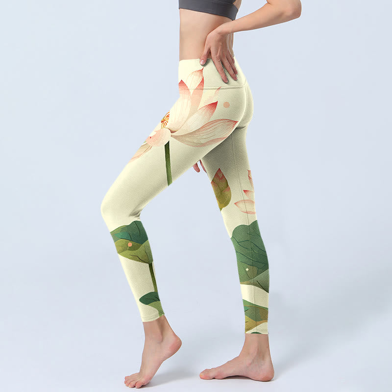 Leggings de fitness en tissu lycra imprimé Buddha Stones Lotus Flower Leaf Libellule Pantalon de yoga pour femme - image 4
