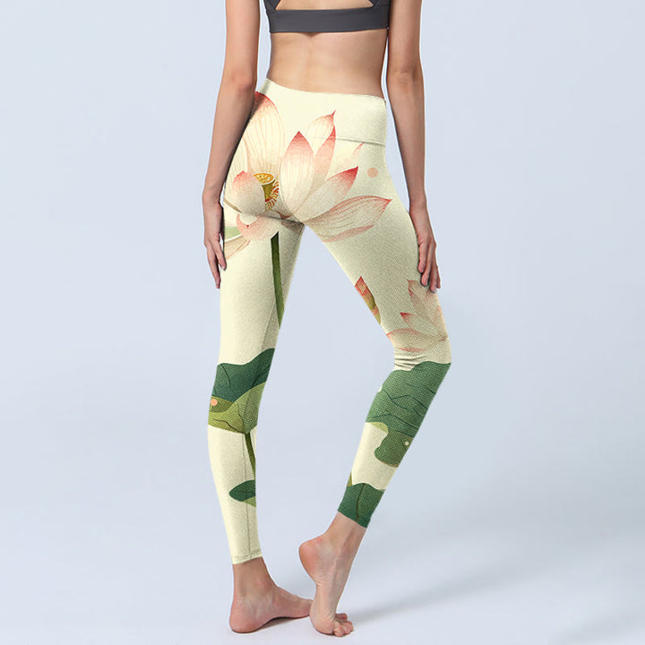 Leggings de fitness en tissu lycra imprimé Buddha Stones Lotus Flower Leaf Libellule Pantalon de yoga pour femme - image 6