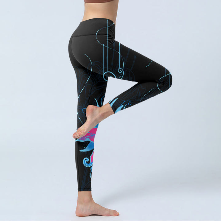 Leggings de fitness en tissu lycra imprimé fleurs noires, roses et bleues avec Buddha Stones Pantalons de yoga pour femmes - image 4